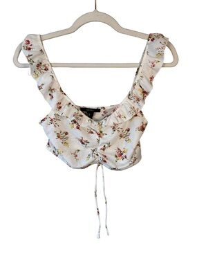 Forever 21 White Floral Ruffle Tie-Front Crop Top Size M Cottagecore Coquette